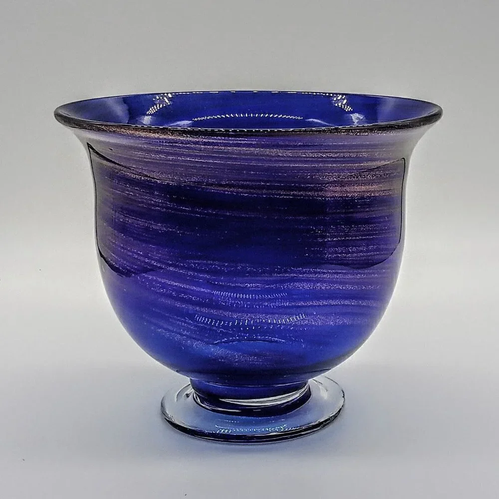 Cobalt Blue Aventurine Glass Footed Bowl Vase